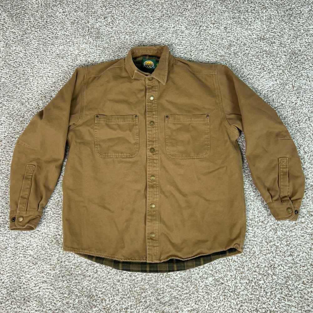 Cabelas Shacket Mens Medium Brown Outdoor Flannel Lined Canvas Workwear Barn